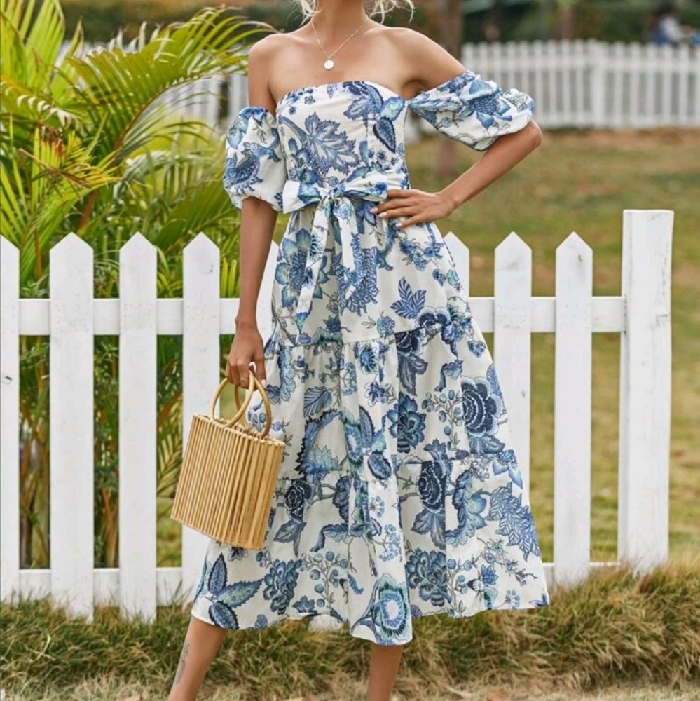 Blue, off-the-shoulder floral midi dress